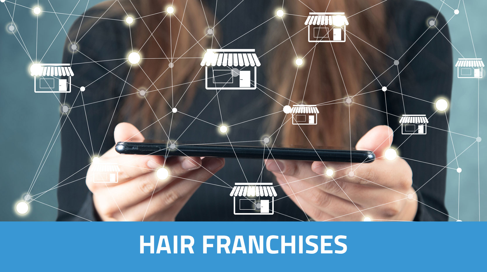 Woman holding a phone. Network of outlets. Franchise concept.